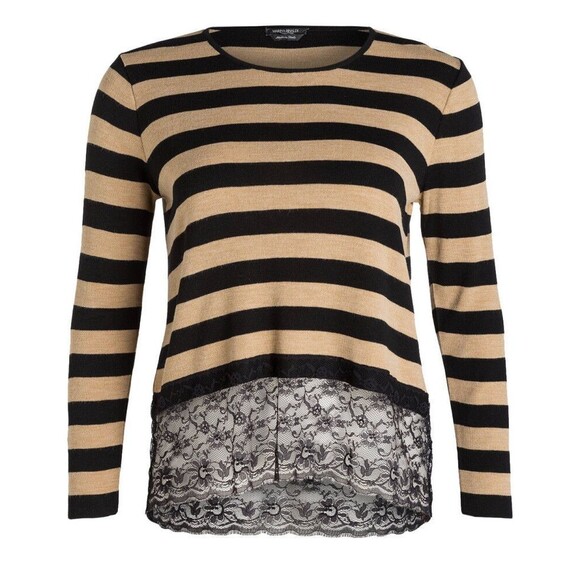 New NWT Womens Max Mara Marina Rinaldi Sweater L Black Tan Lace Italy Wool Strip - Picture 1 of 9